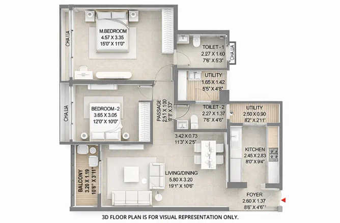 Godrej Bayview Vashi - Floor plan 2 BHK 870 Sq.ft