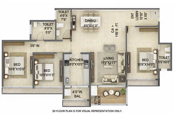 Goodwill Wisteria Vashi - Floor plan 3 BHK 1169 Sq.ft