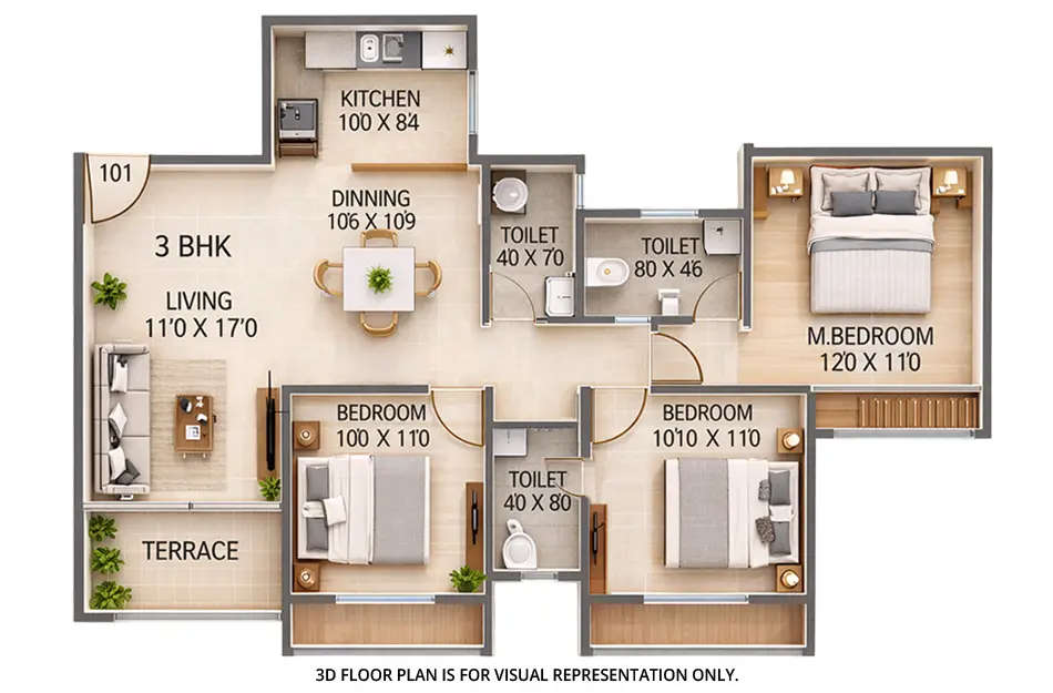 Floor plan for 3 BHK