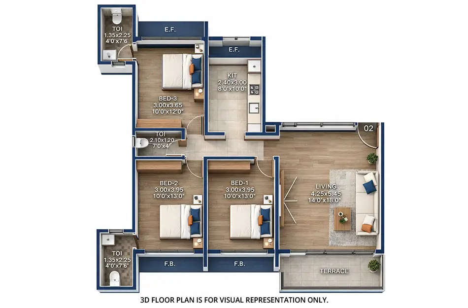 Floor plan for 3 BHK