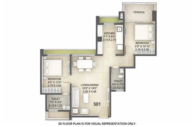 Tricity Panache Seawoods - Floor plan 2 BHK 387 Sq.ft