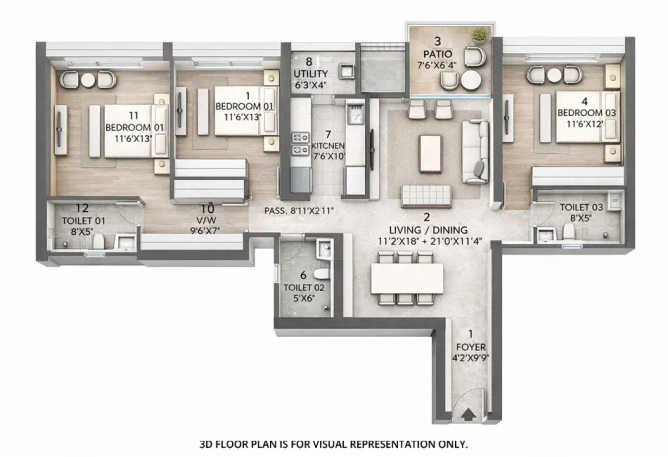 Rustomjee Verdant Vistas Majiwada - Floor plan 3 BHK 1157 Sq.ft