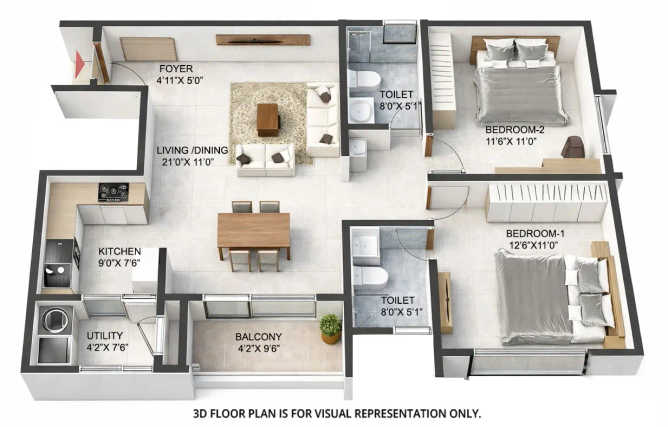 Prestige Pallavaram Gardens Pallavaram - Floor plan 2 BHK 1001 Sq.ft