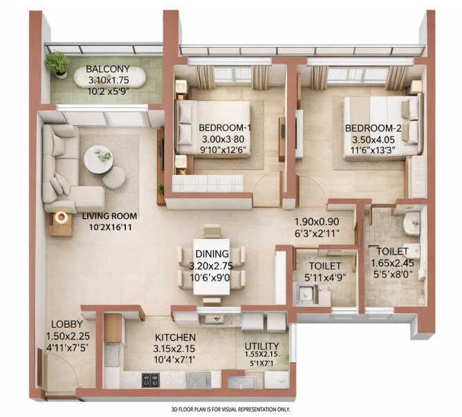 Rohan Ekam Balewadi - Floor plan 2 BHK 895 Sq.ft