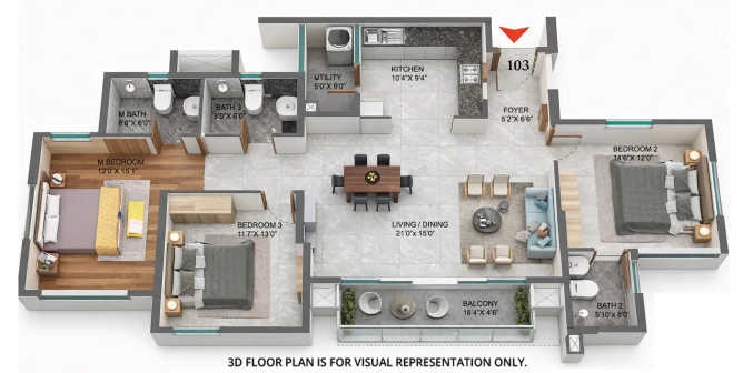 Purva Somerset House Guindy - Floor plan 3 BHK 1894 Sq.ft