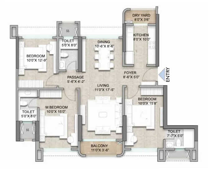 Raymond Invictus by GS Bandra - Floor plan 3 BHK 1108 Sq.ft