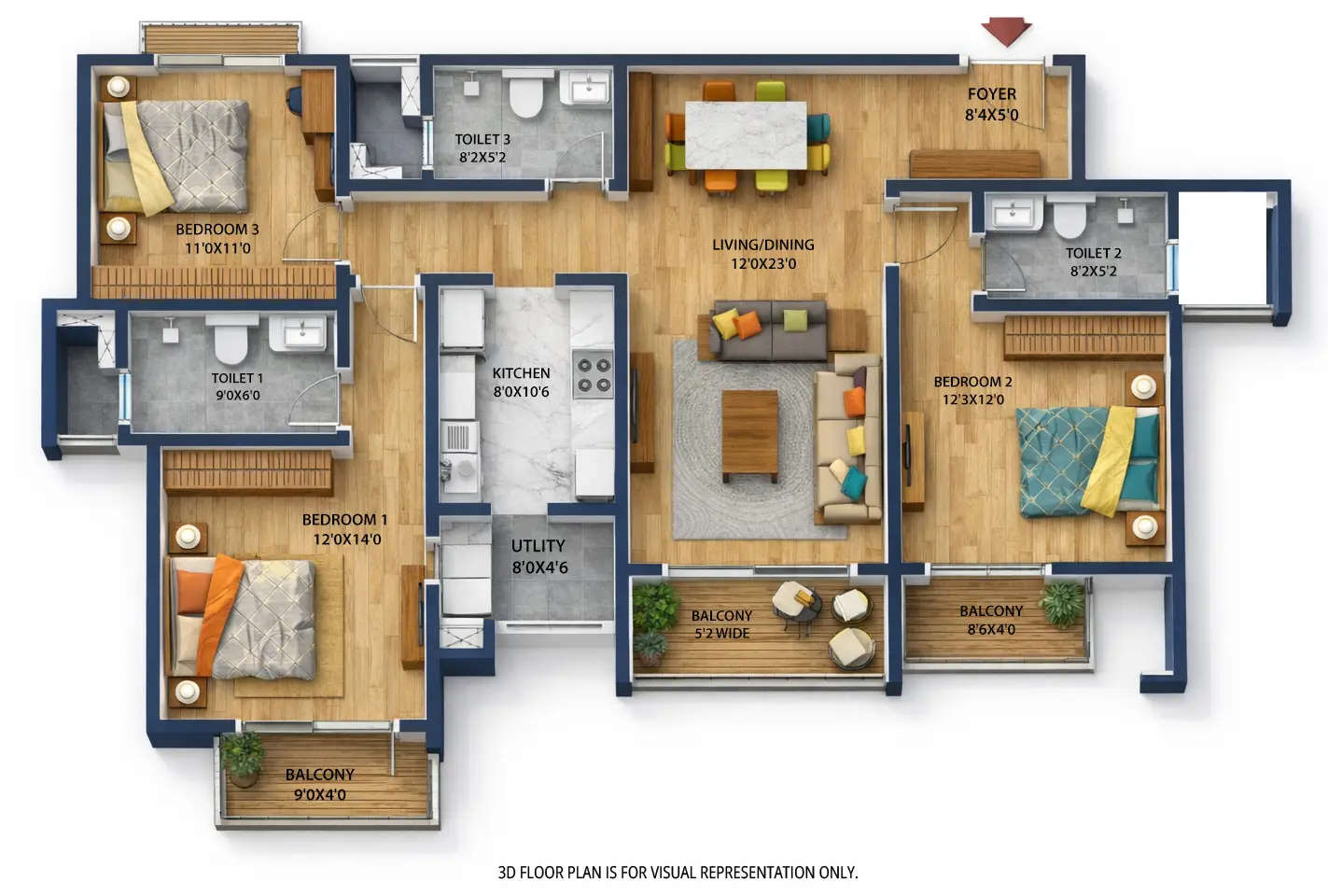 Floor plan for 3 BHK