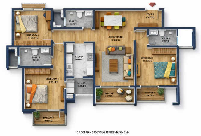 The Prestige City Sarjapura - Floor plan 3 BHK 1800 Sq.ft