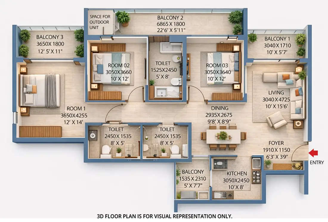 Floor plan for 3 BHK