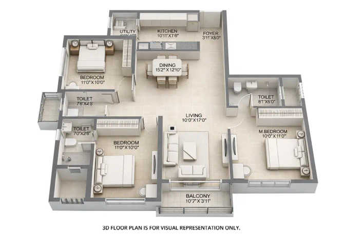 Runwal Ivory Dombivali - Floor plan 3 BHK 1025 Sq.ft