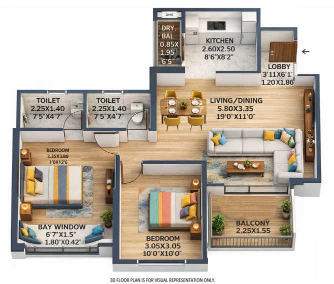 VTP Vibrance Baner - Floor plan 2 BHK 679 Sq.ft