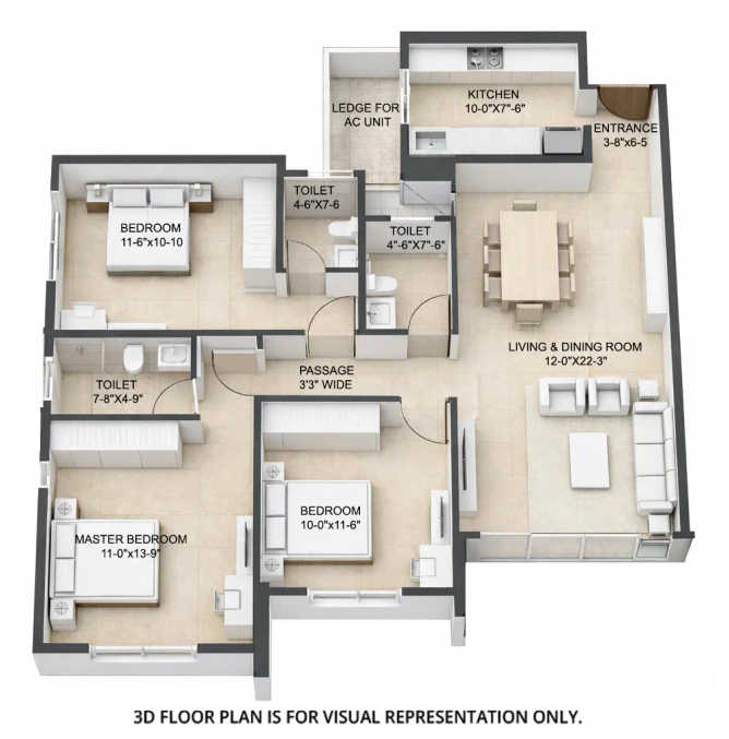 Sunteck City 5th Avenue Goregaon - Floor plan 3 BHK 968 Sq.ft