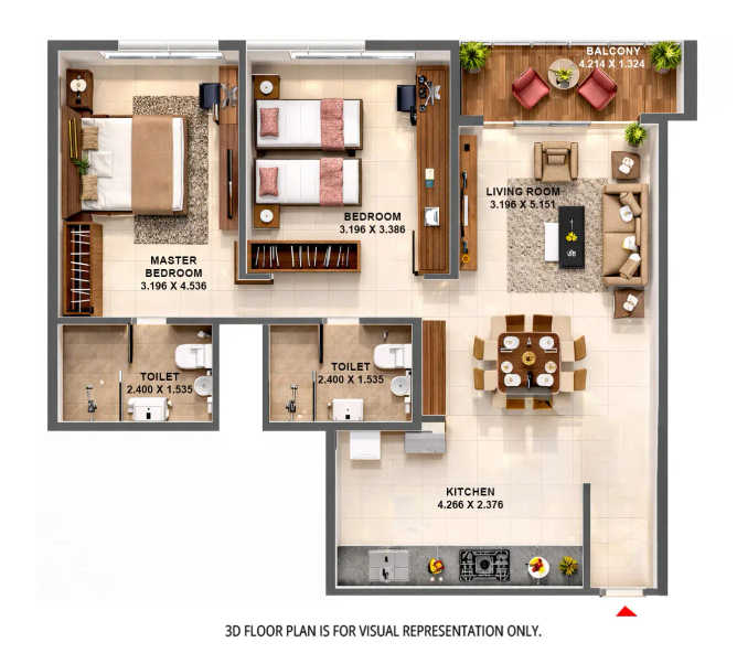 Kumar Palmspring Towers Undri - Floor plan 2 BHK 834 Sq.ft