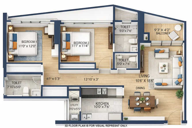 Rustomjee Vista Bay Sewri - Floor plan 2 BHK 805 Sq.ft