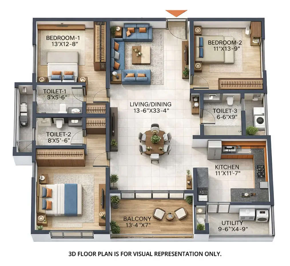 Floor plan for 3 BHK