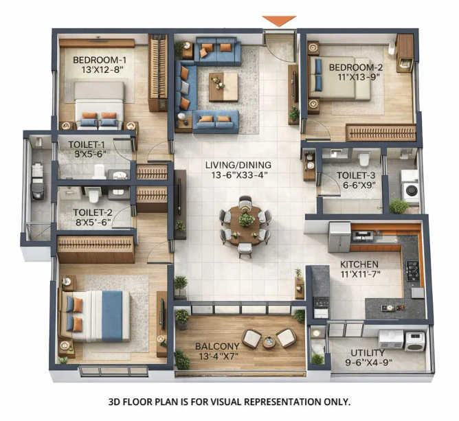 Prestige City Hyderabad Budvel - Floor plan 3 BHK  Sq.ft
