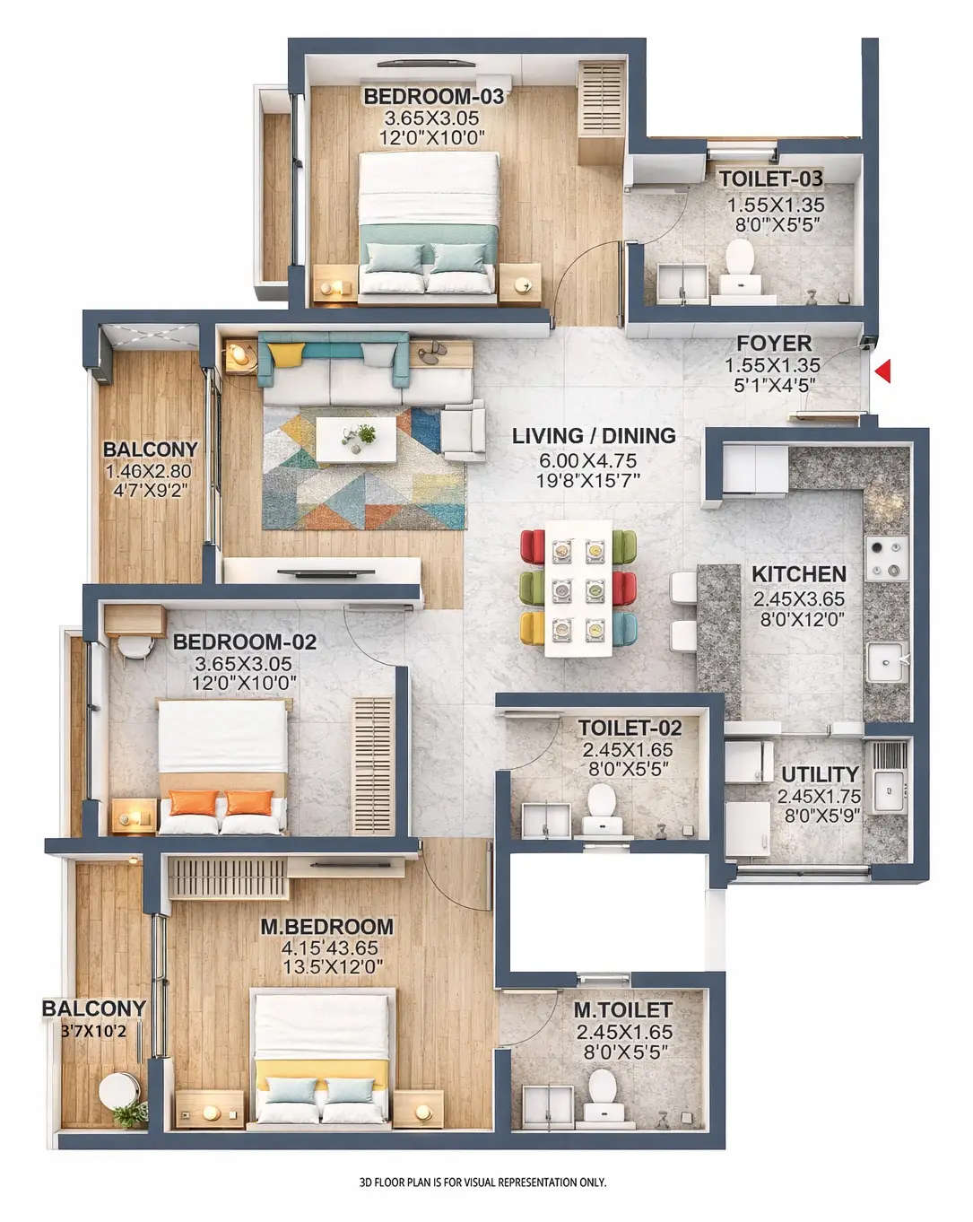 Floor plan for 3 BHK