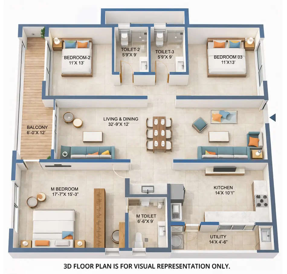 Floor plan for 3 BHK