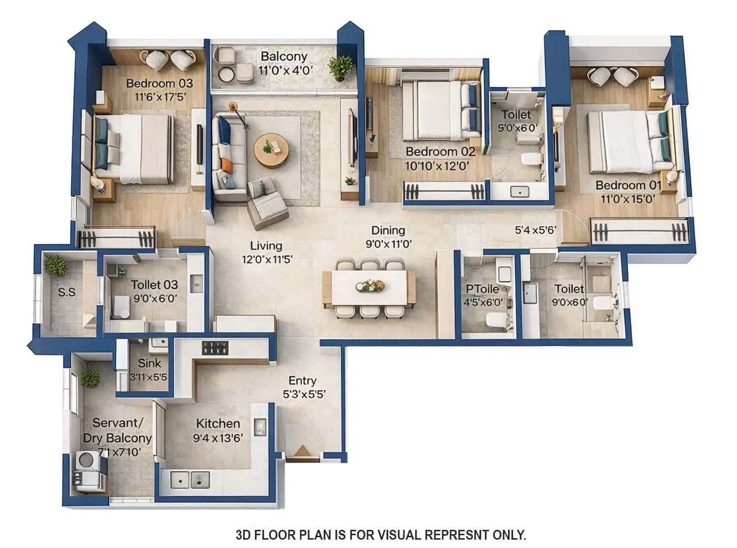 Floor plan for 3 BHK