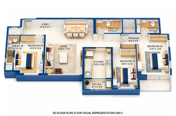 Rustomjee Stella Bandra - Floor plan 3 BHK 942 Sq.ft