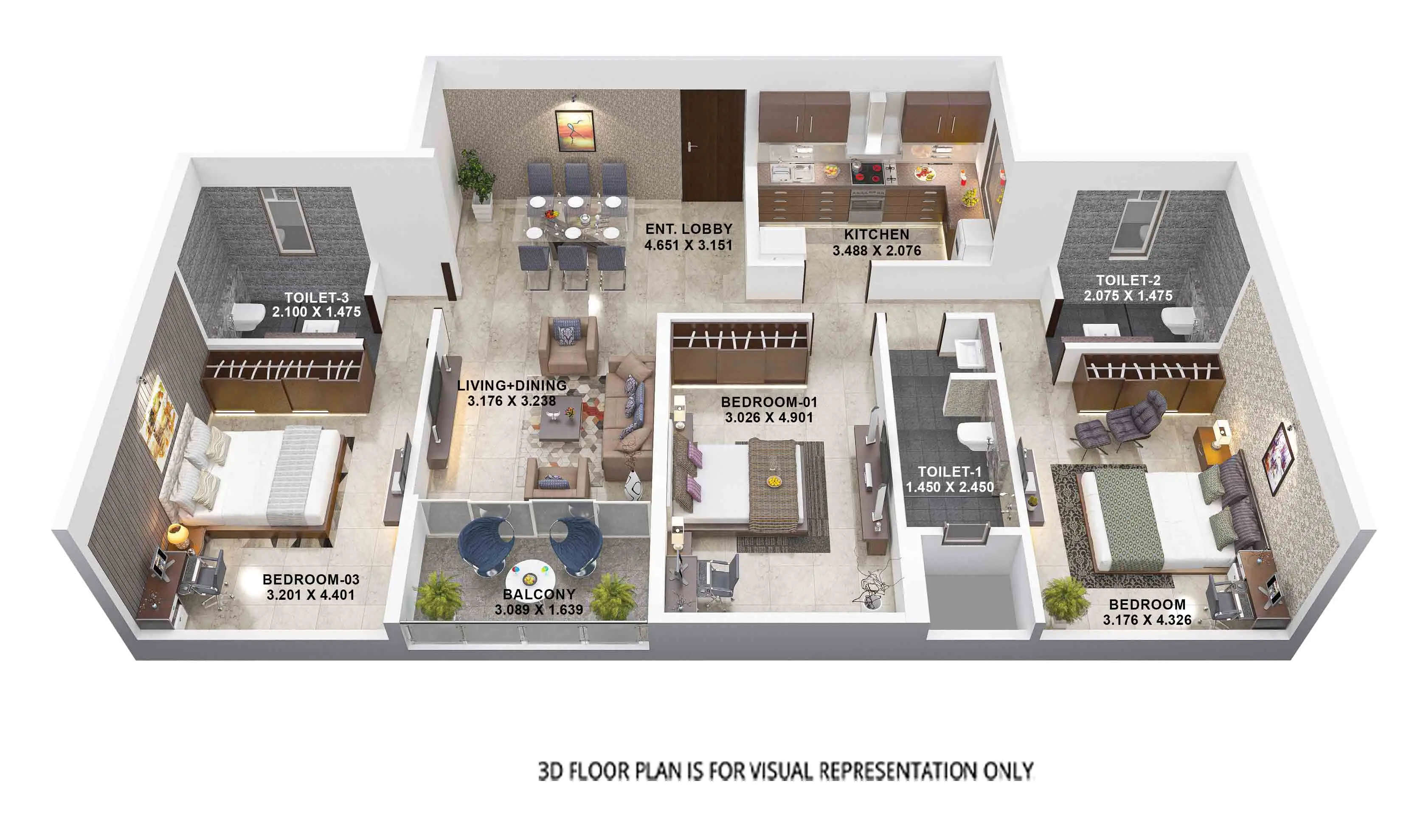 Floor plan for 3 BHK