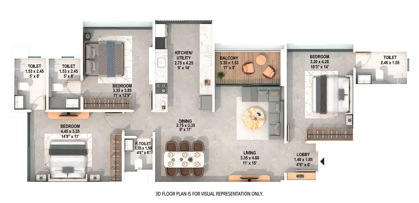 Floor plan for 3 BHK