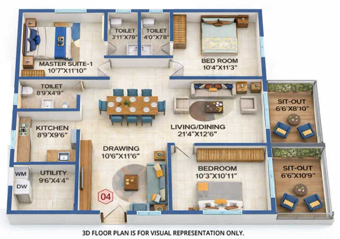 Candeur Twins Miyapur - Floor plan 3 BHK 1590 Sq.ft