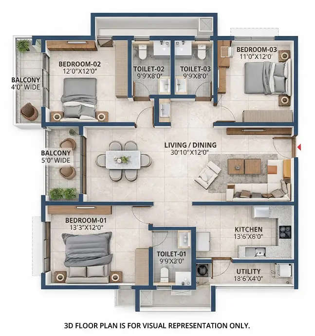 Floor plan for 3 BHK