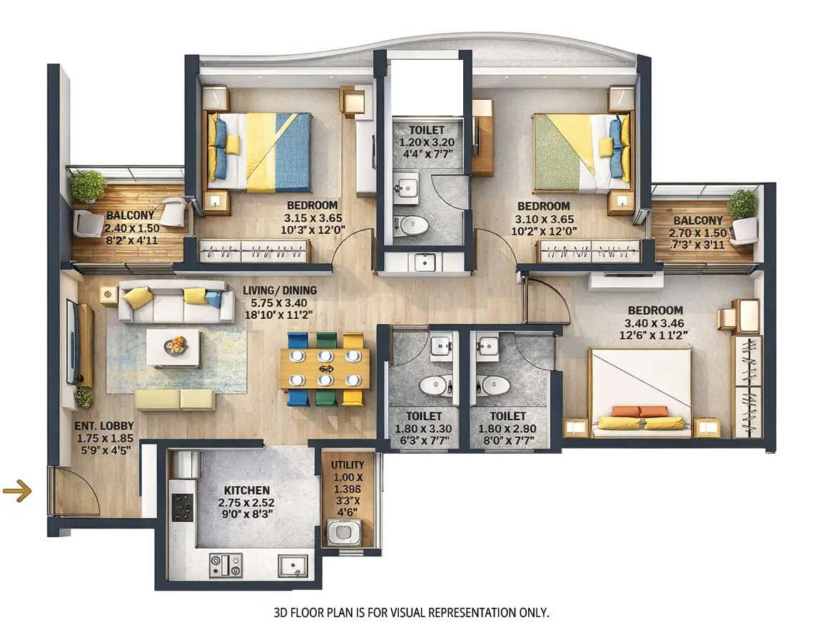 Floor plan for 3 BHK