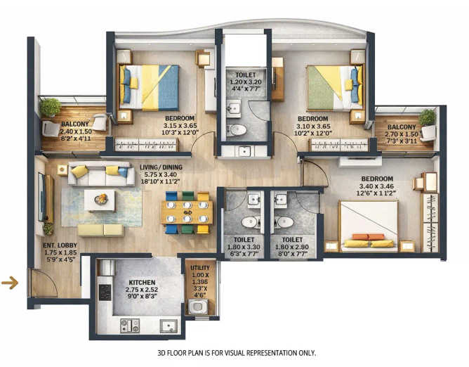 VTP Altair 3 Wagholi - Floor plan 3 BHK 985 Sq.ft