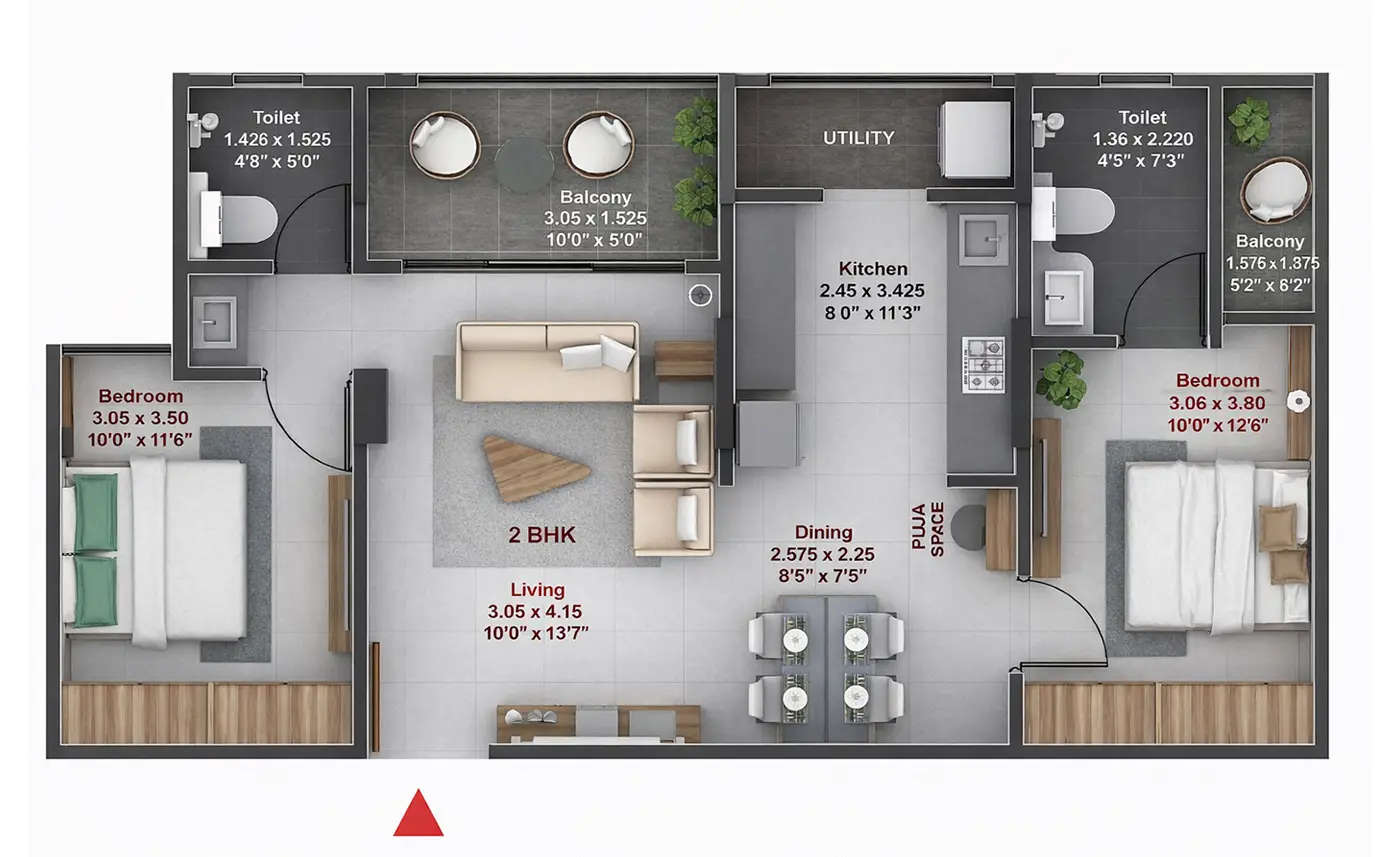 Floor plan for 2 BHK