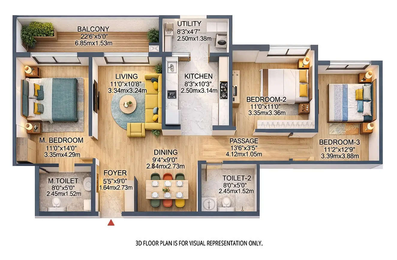 Floor plan for 3 BHK