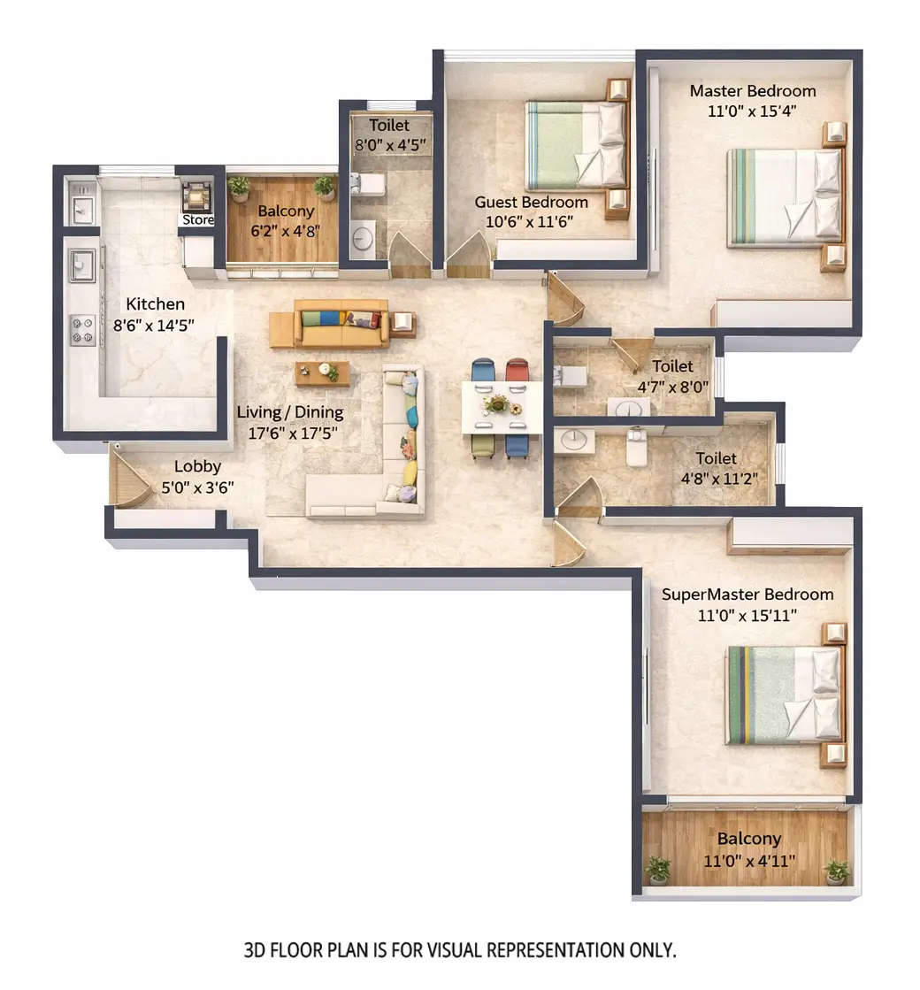 Floor plan for 3 BHK