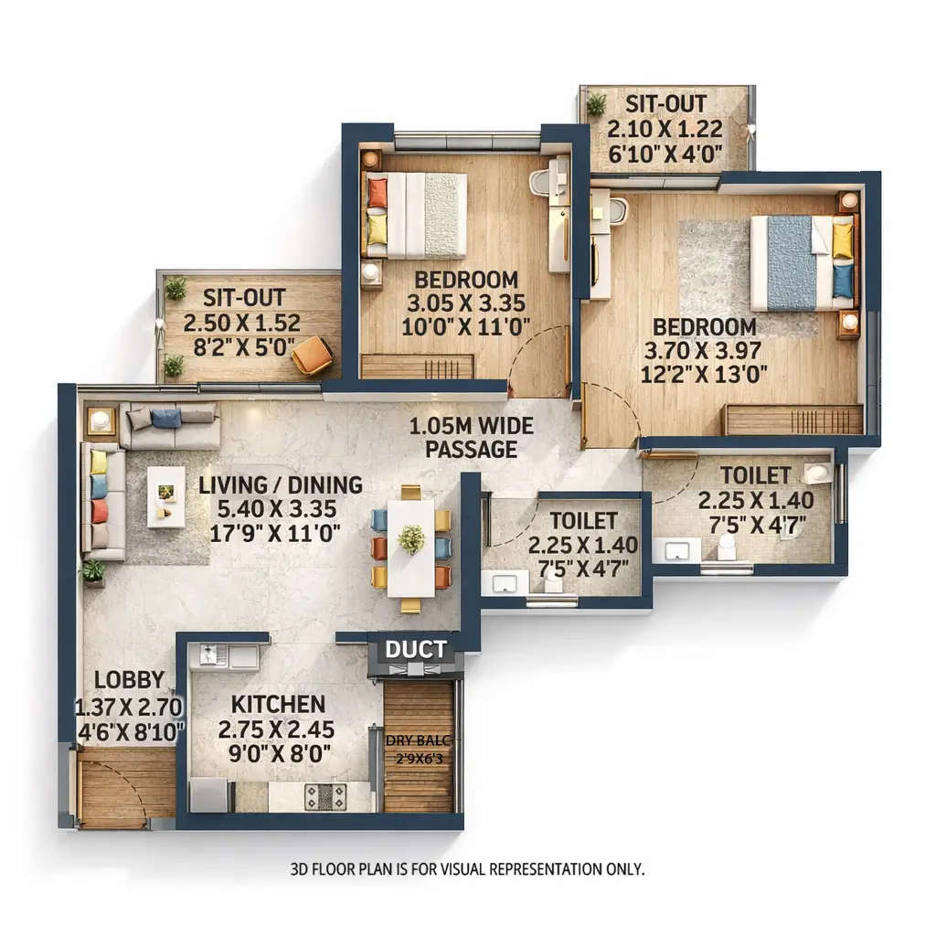 VTP Monarque Hinjewadi - Floor plan 2 BHK 805 Sq.ft