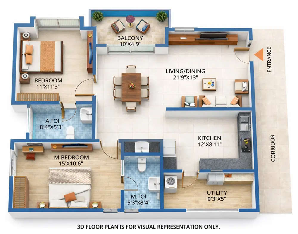 SRIAS Tiara Miyapur - Floor plan 2 BHK 1290 Sq.ft