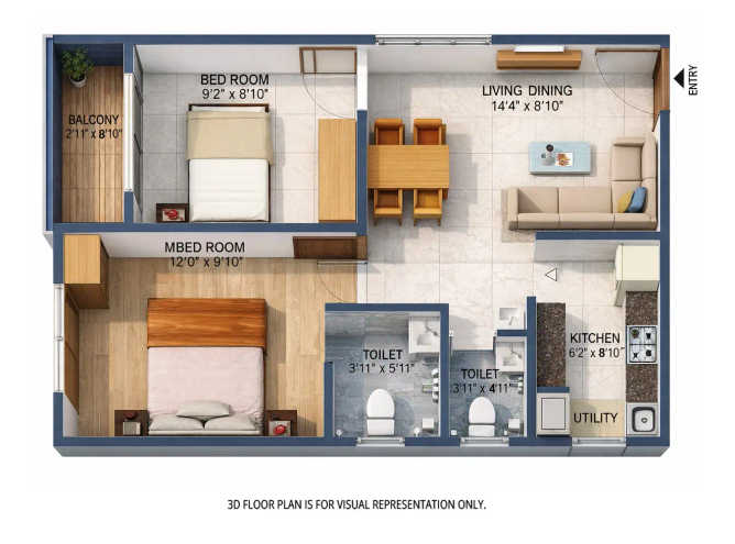 Urbanrise Spring Is In The Air Miyapur - Floor plan 2 BHK 810 Sq.ft