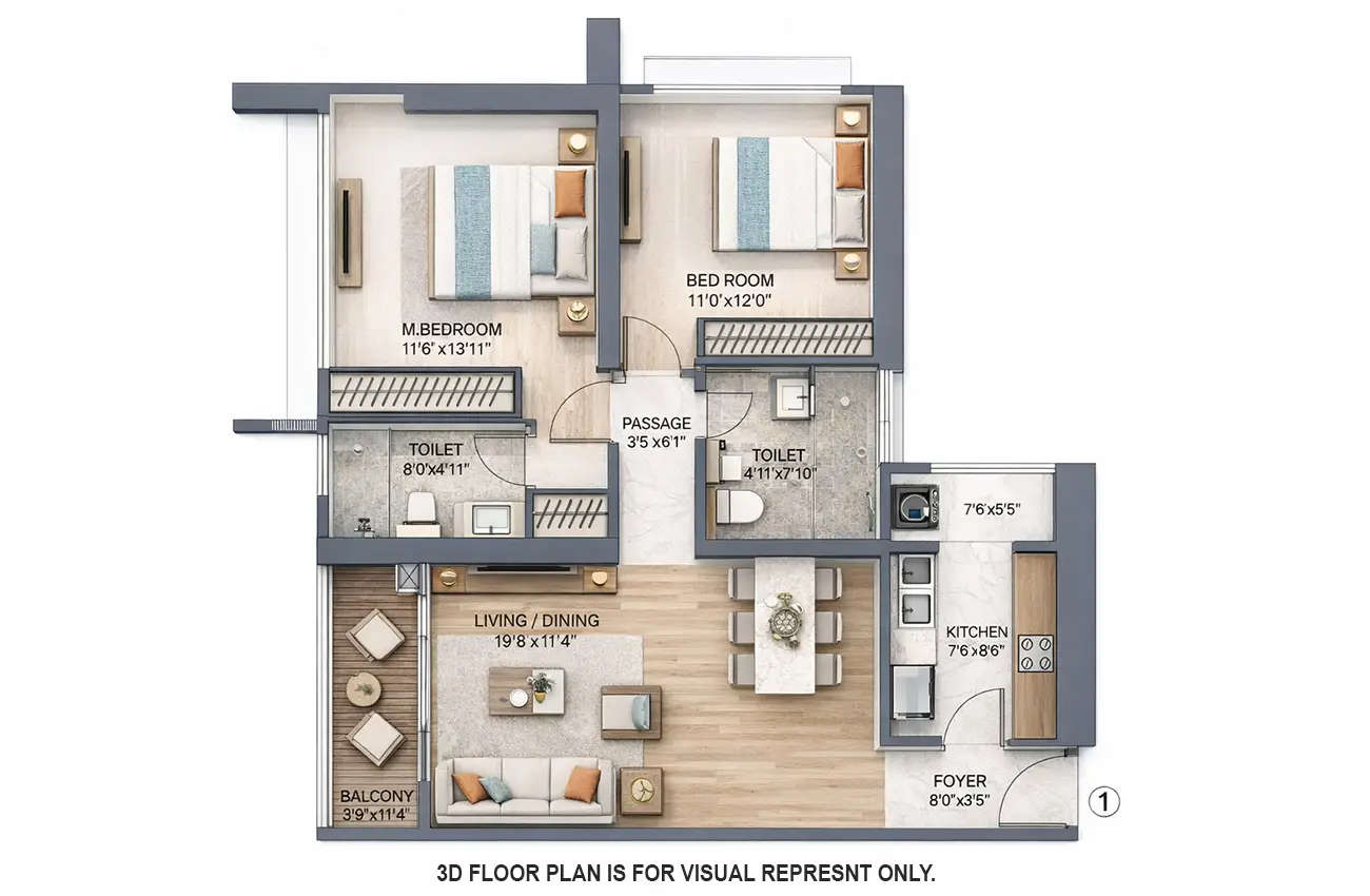 Prestige Jasdan Classic Mahalaxmi - Floor plan 2 BHK 883 Sq.ft
