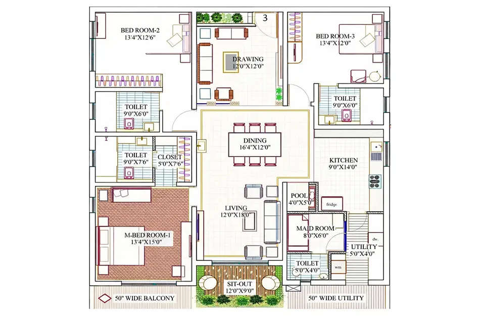 Lansum Elena Kokapet - Floor plan 3 BHK 2640 Sq.ft