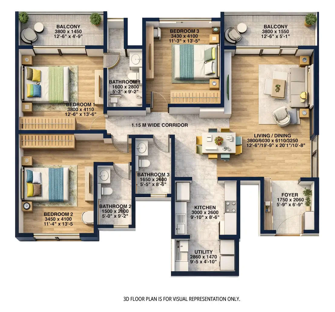 Sobha Altair Chikkakannalli - Floor plan 3 BHK 1894 Sq.ft