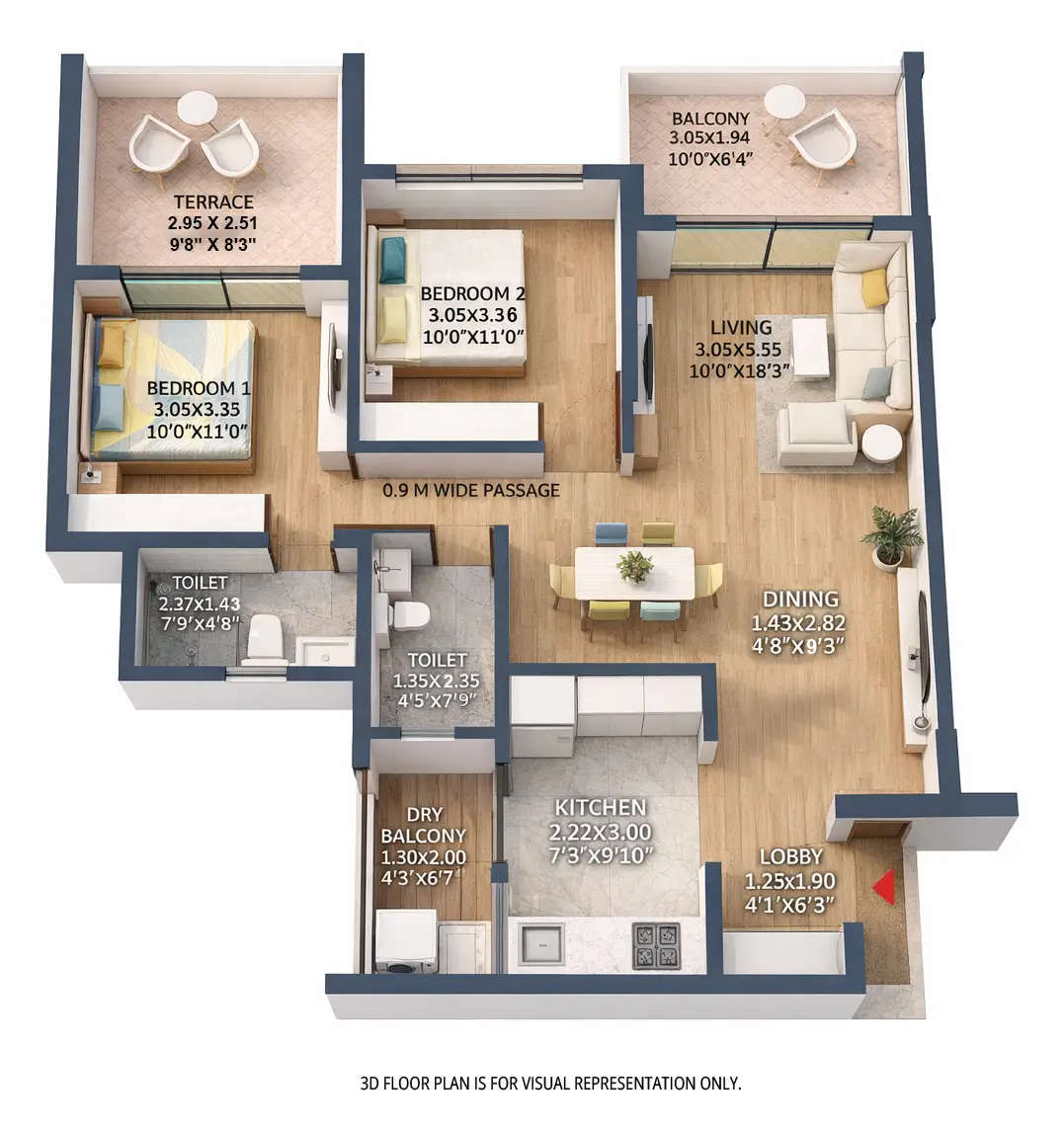Kolte Patil Springshire Wagholi - Floor plan 2 BHK 870 Sq.ft