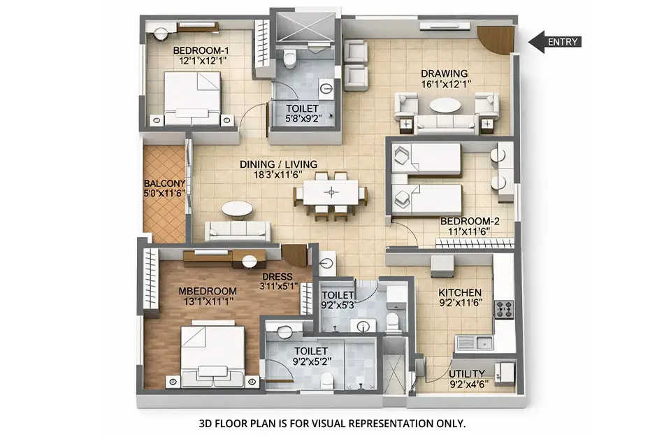 Auro The Regent Kondapur - Floor plan 3 BHK  Sq.ft