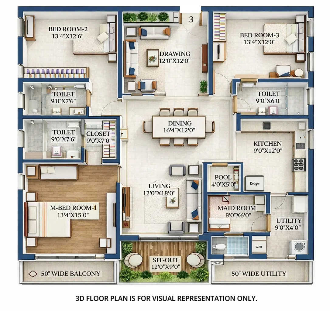 Lansum Elena Kokapet - Floor plan 3 BHK 2640 Sq.ft