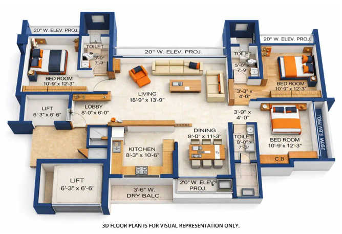 Neelkanth Lake View Pokhran Road 2 - Floor plan 3 BHK 1077 Sq.ft
