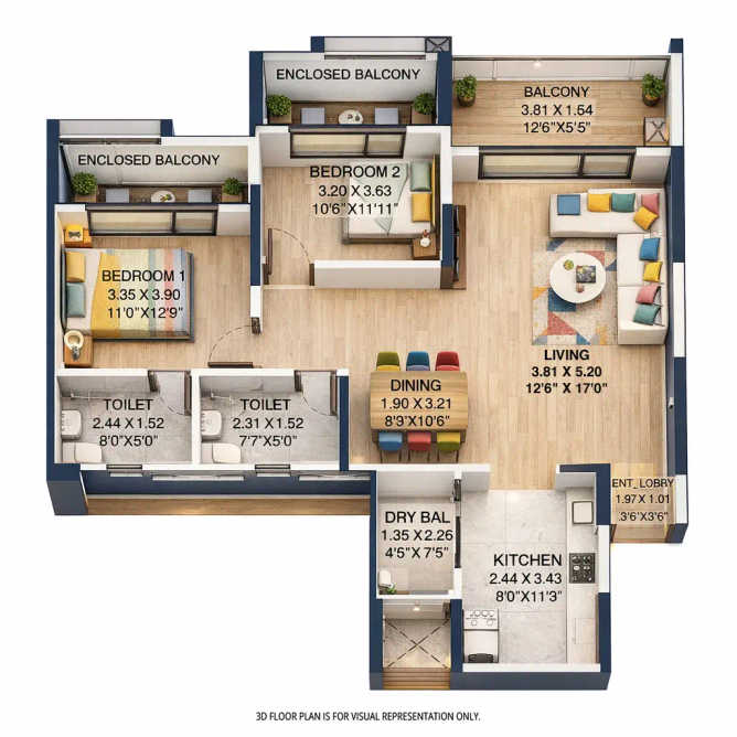 Pride Purple Park Landmark Bibwewadi - Floor plan 2 BHK 713 Sq.ft