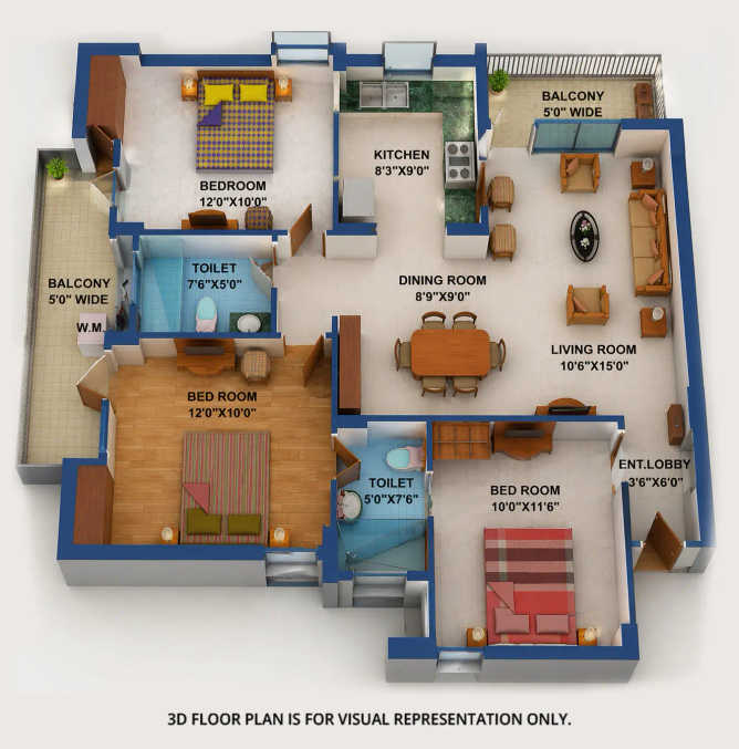 Purvanchal Royal Park Sector 137 - Floor plan 3 BHK 1315 Sq.ft