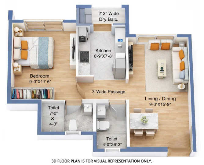 Sunteck One World Naigaon - Floor plan 1 BHK 407 Sq.ft