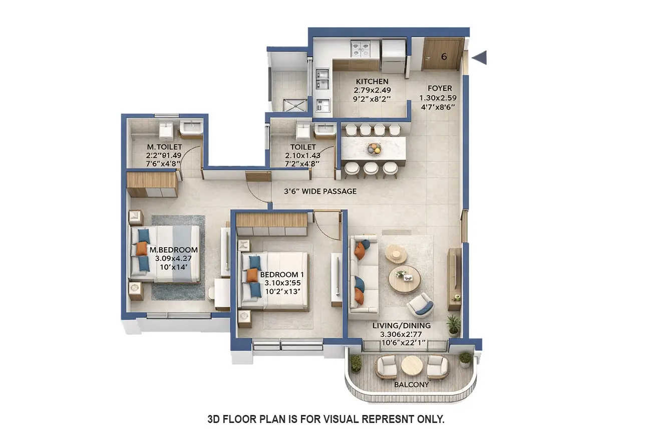 L & T Pearl Mahim - Floor plan 2 BHK 687 Sq.ft