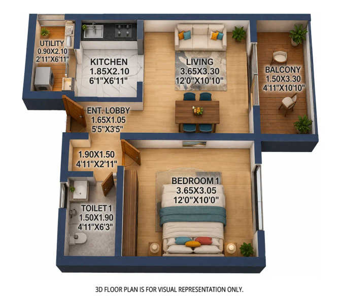 Rohan Abhilasha Wagholi - Floor plan 1 BHK 447 Sq.ft