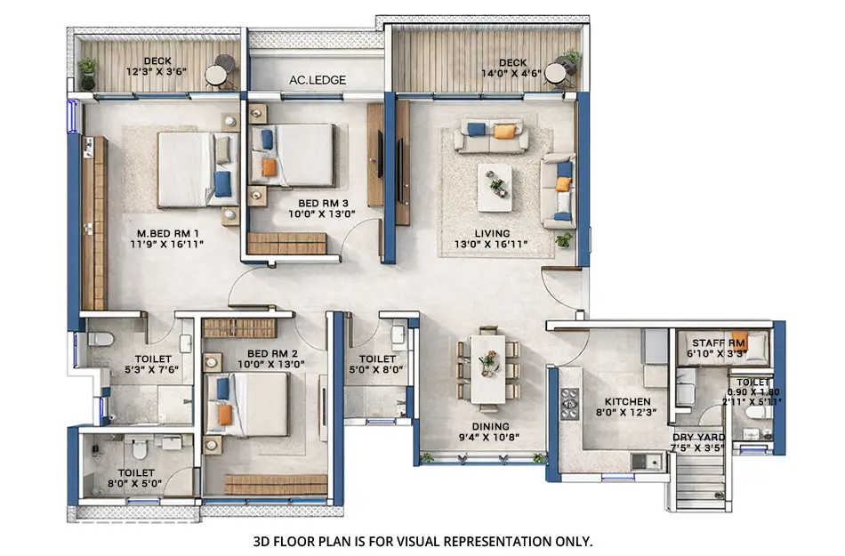 Raheja Atlantis Juinagar - Floor plan 3 BHK 1360 Sq.ft