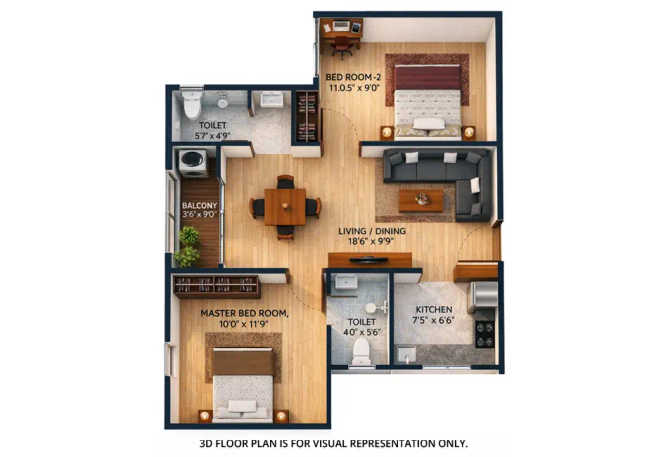 Urbanrise City of Joy Thirumazhisai - Floor plan 2 BHK 881 Sq.ft